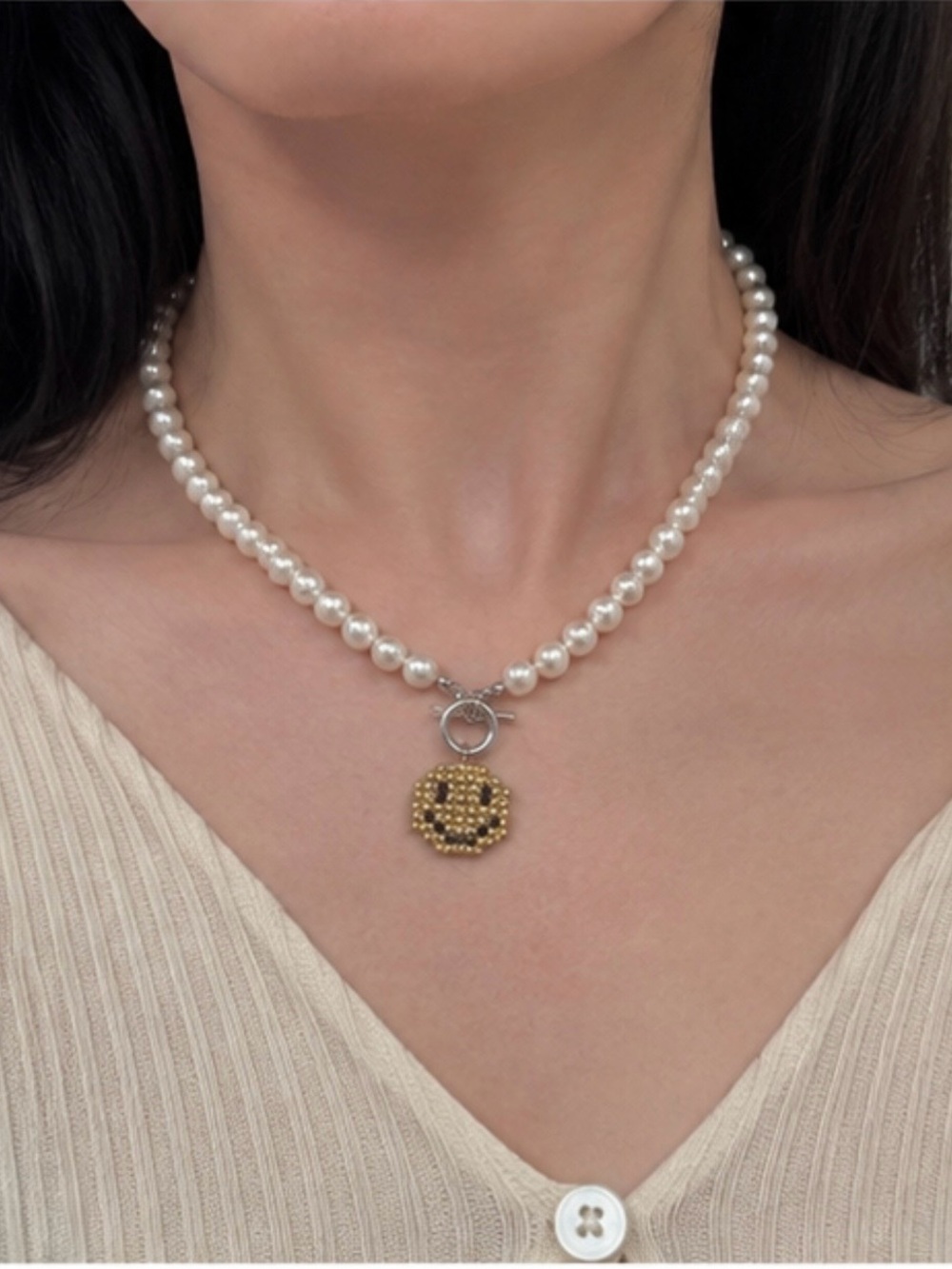 Pearl Choker Necklace with Gold Smile Charm